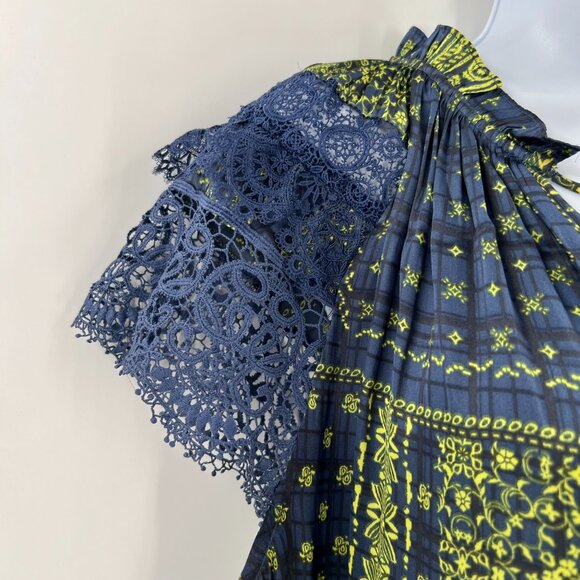 Anthropologie Current Air L Blue Patchwork Boho Blouse Ruffle Neck Lace Sleeve - Picture 8 of 8